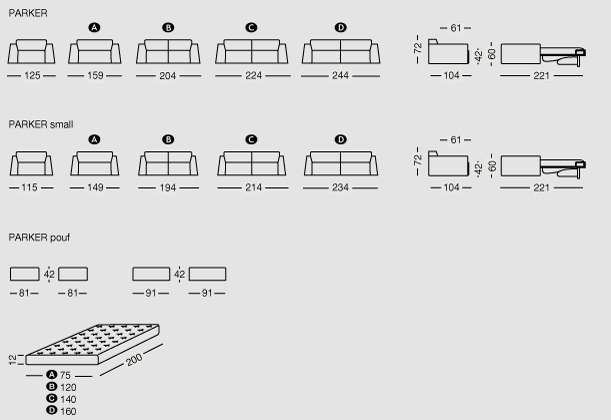 Parker sofa and sofa bed sizes